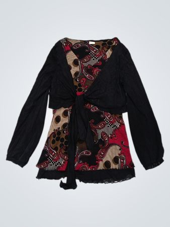Paisley-Print-Krawattenbluse mit schwarzem Bolero
