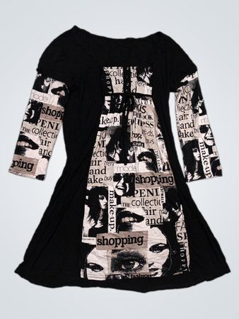 Schwarzes Kleid mit Collage-Druck