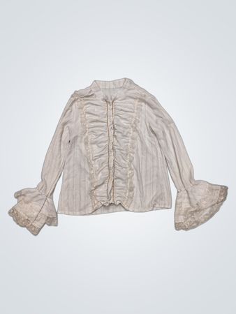 Weiß gestreifte Bluse mit Spitzenbesatz und Rüschensäumen