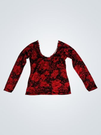 Rotes und schwarzes florales Langarmoberteil mit Pailletten