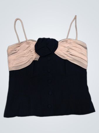 Schwarze und beige geraffte Spaghettiträgershirt mit Blütendetail