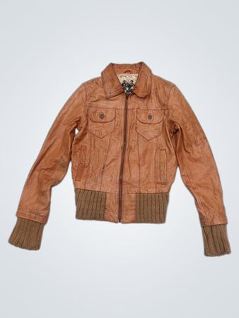 Tan Leather Bomber Jacket with Knit Cuffs and Collar