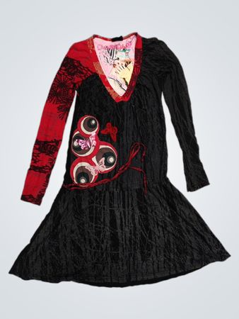Desigual Damen Schwarzes Rotes Langärmliges Kleid Größe S