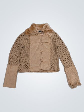 SUCHITA Damen Beige Häkel- und Wildlederjacke mit Pelzkragen