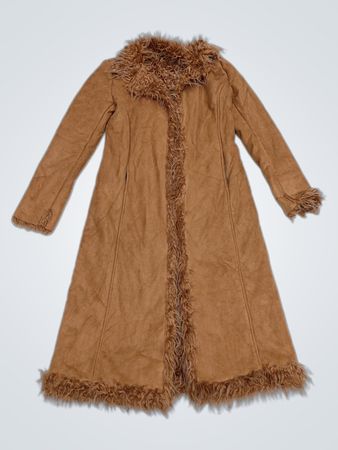 Manteau long brun pour femme HELYNA, bordure en fausse fourrure