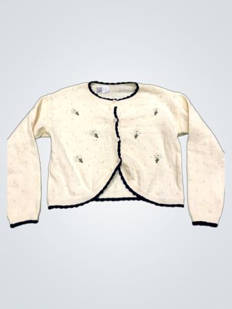 Creme Cardigan mit floralem Stickerei und marineblauem Besatz