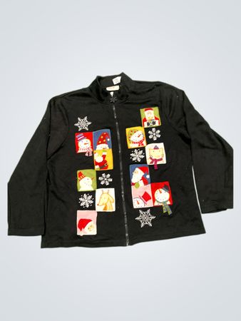 Schwarzer Weihnachtspullover mit Schneemann- und Weihnachtsmann-Applikationen