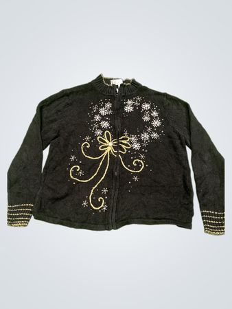 Kim Rogers Schwarzer Zip-Front-Cardigan mit Kranz- und Bogenverzierung
