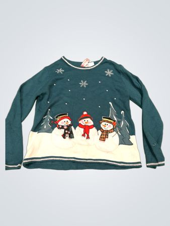 Türkiser Weihnachtspullover mit Schneemännern und Schneeflocken