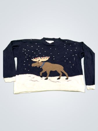 Christopher & Banks Marineblauer Elch- und Schneeszenen-Weihnachtspullover