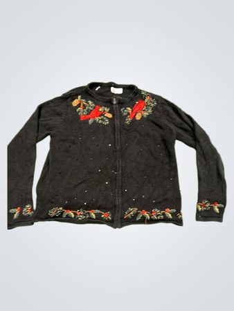 Schwarze Zip-Up-Strickjacke mit Kardinal- und Stechpalmen-Stickerei