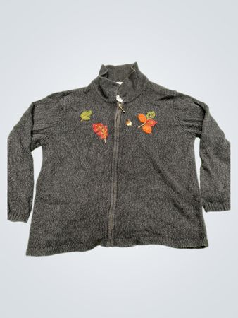 Mandal Bay Grauer Strick-Zip-Up-Pullover mit Blatt-Applikationen