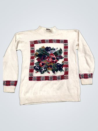 PRANGE'S Cream Floral & Plaid Mock Neck Sweater