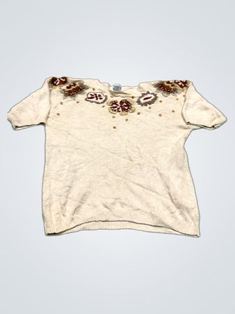 KORET Damen Beige Strickpullover mit floraler Perlenverzierung - XL