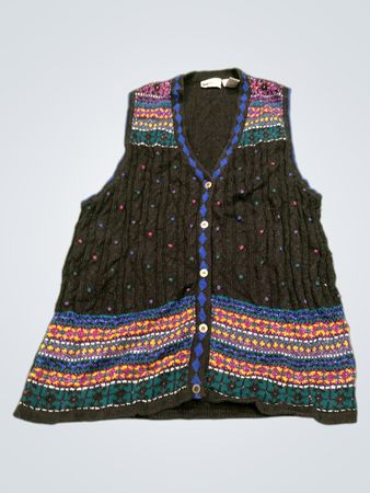 RR RUSS Damen Schwarzes Gemustertes V-Ausschnitt Knopf-Front Weste