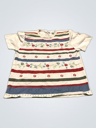 Alfred Dunner Damen gestreifter, floral bestickter Pullover mit kurzen Ärmeln