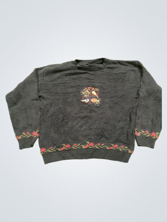 Dunkelgrauer Pullover mit Vogel- und Blumenstickerei