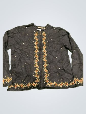 Croft & Barrow Damen Schwarzer Bestickter Zip-Up Cardigan