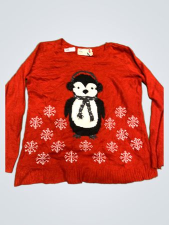 Roter Pinguin und Schneeflockenpullover