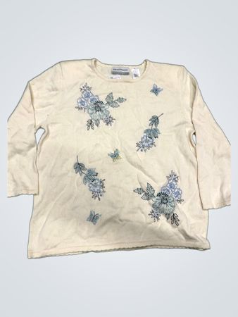 Alfred Dunner Petite Cream Floral Embroidered Long Sleeve Sweater