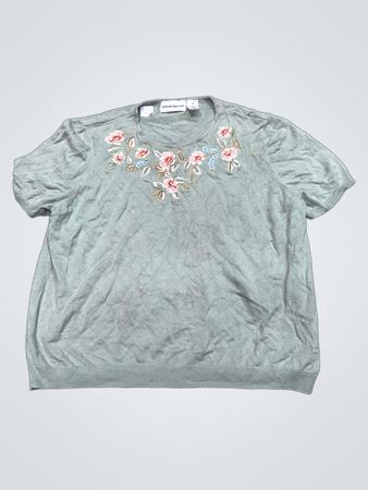 Alfred Dunner Damen Grüner Bestickter Floral Kurzarmpullover