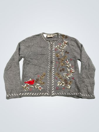 Croft & Barrow Petite Grauer Kardinal & Tannenzapfen Bestickter Zip-Up Cardigan