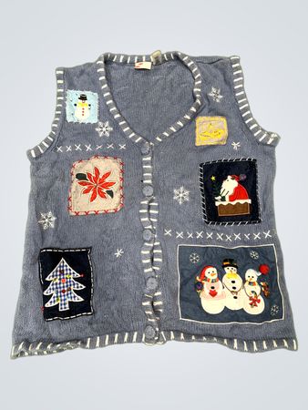 Holiday Editions Blaue Weihnachtsweste mit Schneemann und Weihnachtsmann Applikationen