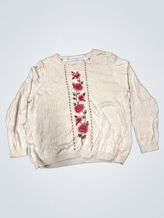 Alfred Dunner Damen Creme Cable Knit Pullover mit Rosenstickerei