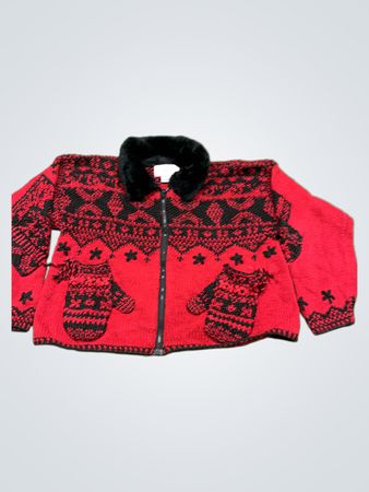 Elana Carello Red Black Fair Isle Mitten Pockets Zip Up Sweater