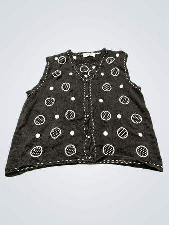 SHARON YOUNG Schwarzer ärmelloser V-Ausschnitt-Cardigan mit weißen Punktenstickereien