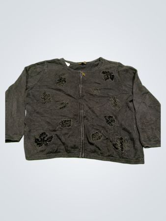 Cinnamon Cinder Black Leaf Applique Zip Front Cardigan
