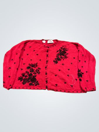 TIARA INTERNATIONAL Roter Perlenblumen-Cardigan