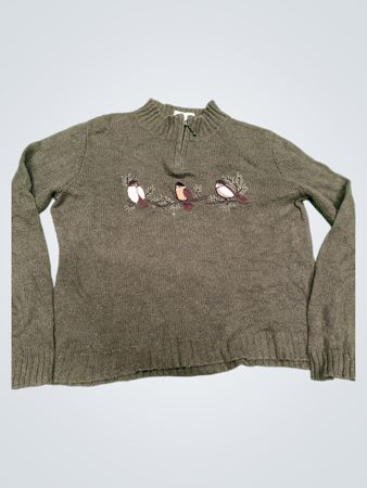 Christopher & Banks Damen grüner Viertelreißverschluss-Pullover mit Vogel-Stickerei