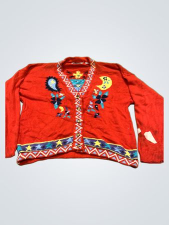 Roter bestickter Cardigan mit Mond- und Paisleymotiven