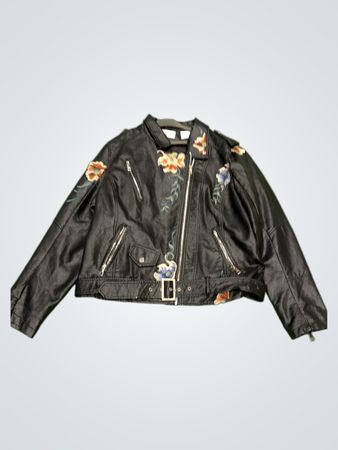 Black Faux Leather Jacket with Floral Embroidery