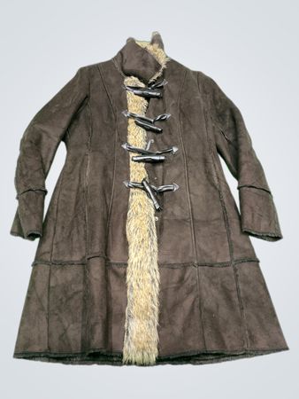 Brown faux suede duffle coat with fur trim