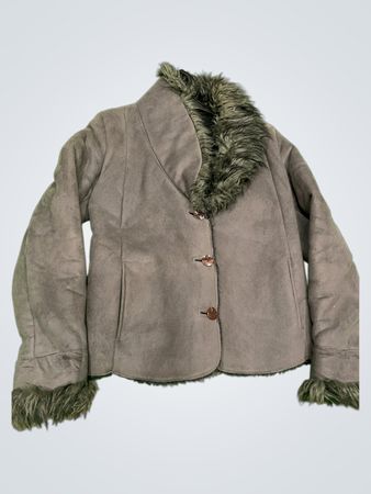 Brown faux suede jacket with fur trim