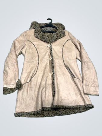Beige faux suede jacket with leopard print faux fur trim