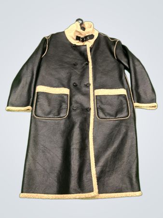 Black faux leather coat with cream sherpa trim