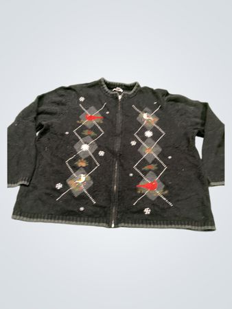 Croft & Barrow Damen 3X Schwarze Vollzip-Kardigan mit Wintervogel- und Stechpalmenmuster