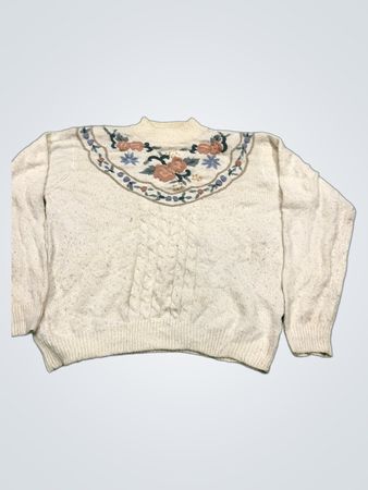 Alfred Dunner Damen Cremefarbener Kabelstrick-Mock-Neck-Pullover mit Blumendetails