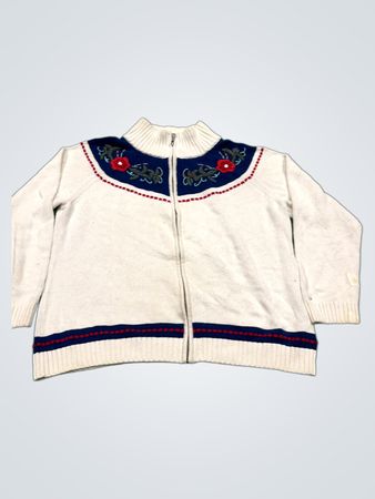 Talbots Damen Weiß Floral Bestickter Reißverschluss-Pullover