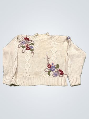Creamfarbener Strickpullover mit floralem Stickerei