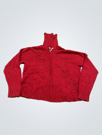 Crystal Rose Damen roter Strick-Turtleneck-Pullover mit floralen Verzierungen