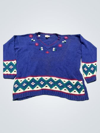 Cynthia V blauer Pullover mit floralem und geometrischem Muster