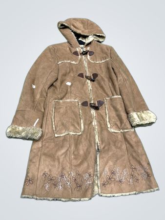 Za Girls Brown Embroidered Duffle Coat with Fur Trim