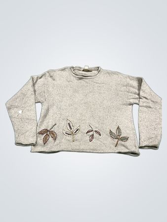 J. Jill Damen Beige Gestickter Blatt Strickpullover