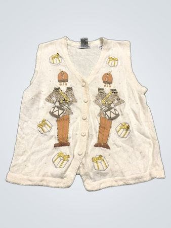 Victoria Jones Cream White Drummer Soldier & Gift Pattern V-Neck Ärmelloses Knopfhemd
