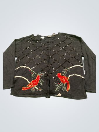 Crystal Rabe Schwarze Strickjacke mit roten Vögeln und Pailletten