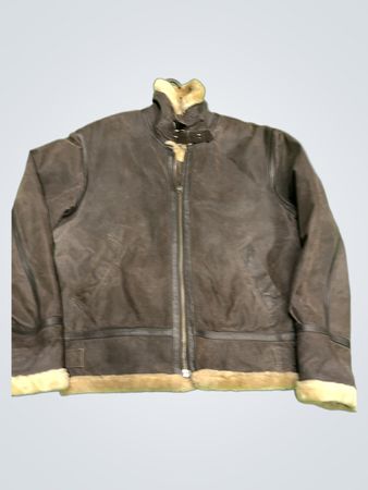 Brown Leather Aviator Jacket with Shearling Trim